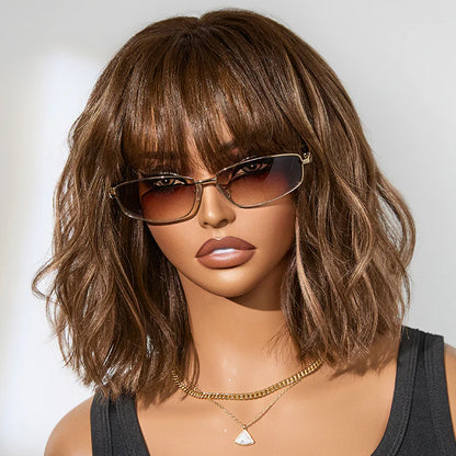 Ash Blonde Highlights Yaki Blunt Cut Bob Wig with Bangs Glueless Minimalist Lace Short Wig Breathable Cap