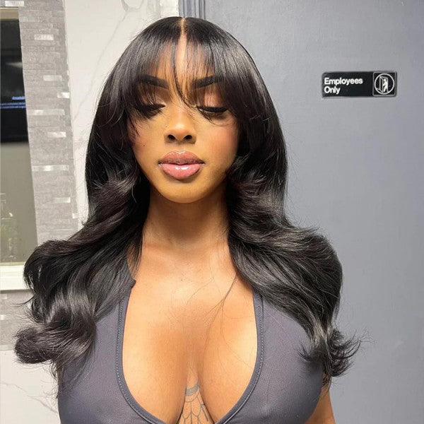 Long Natural Wavy Curtain Bangs Human Hair Glueless 5x5 Lace Closure Wigs-Ready And Go Wig