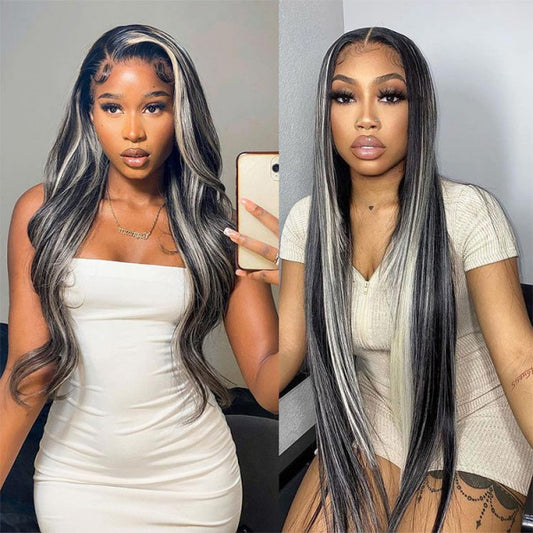 Silver Platinum Grey Highlights On Black Hair Straight Lace Front Wig