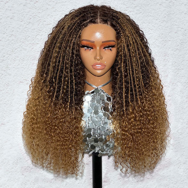 Ombre Brown Color Curly Glueless Braided Human Hair Wig