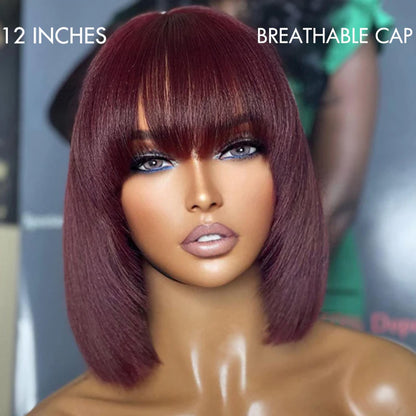 Put On and Go Reddish Purple  Brown Highlight  Natural Black Layered Cut Yaki Straight Minimalist Lace Bob Wig with Bangs