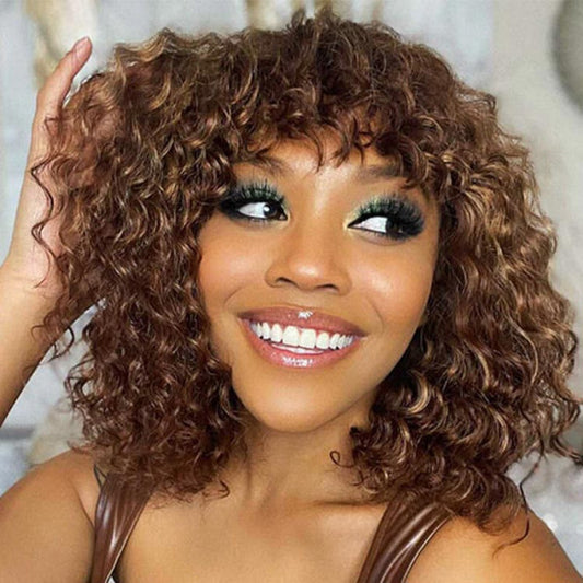 Mix Color Short Brown Human Hair Curly Bob Wigs With Bangs