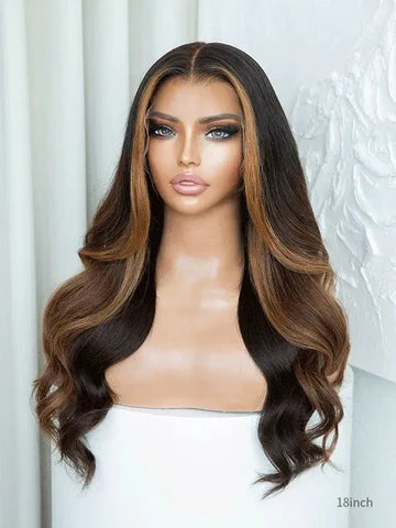 brown Hair Wig Caramel Highlights 180% Density Wig