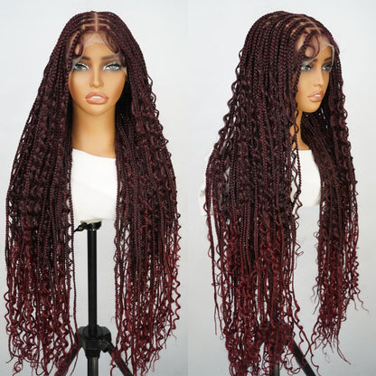 #1B/99J 36 Inches Full Lace Premium Synthetic Fiber Bohemian Box Braided Wigs Knotless