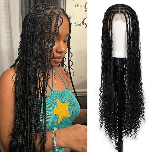 36" Lace Front Suqare & Triangle Top Synthetic Boho Braided Wig Water Wavy Curls Ends