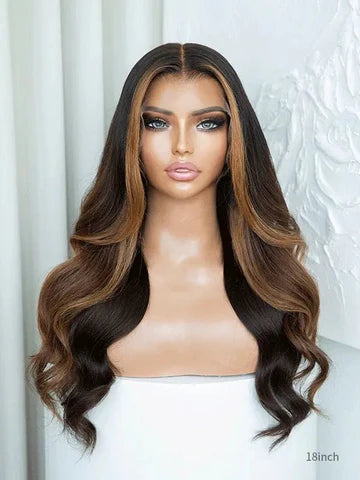 brown Hair Wig Caramel Highlights 180% Density Wig