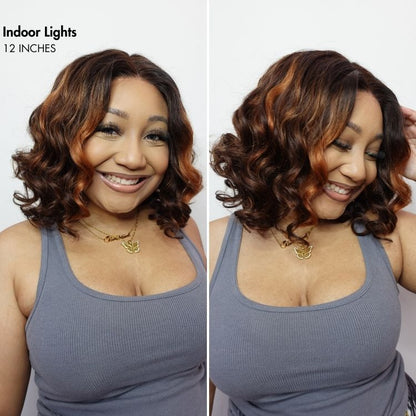 Elegant Brown Ombre Loose Wave Minimalist HD Lace Glueless Short Wig 100% Human Hair Pre-Cut Lace