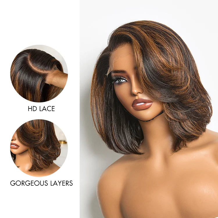 Limited Design  Toffee Brown Mix Blonde  Natural Black Layered Cut Glueless 5x5 Closure Lace Bob Wig