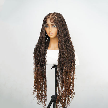 #1B/30 36 Inches Full Lace Premium Synthetic Fiber Bohemian Box Braided Wigs Knotless