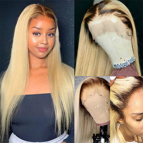 Straight 613 Blonde Human Hair Full Lace Front Wig With Dark Roots