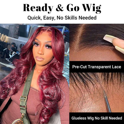 Glueless Ready To Go Wigs - 99J Burgundy Body Wave