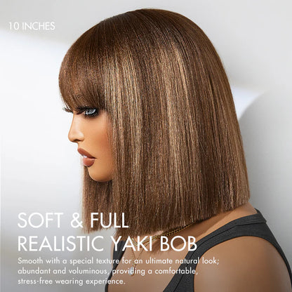 Ash Blonde Highlights Yaki Blunt Cut Bob Wig with Bangs Glueless Minimalist Lace Short Wig Breathable Cap