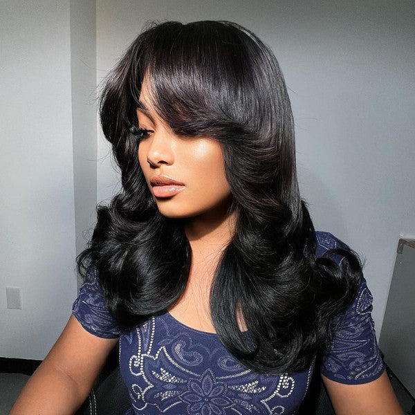 Long Natural Wavy Curtain Bangs Human Hair Glueless 5x5 Lace Closure Wigs-Ready And Go Wig