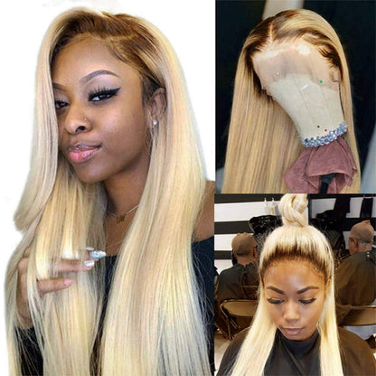 Straight 613 Blonde Human Hair Full Lace Front Wig With Dark Roots