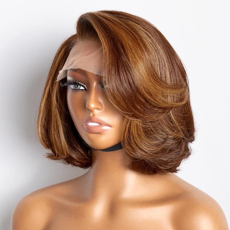 Limited Design  Toffee Brown Mix Blonde  Natural Black Layered Cut Glueless 5x5 Closure Lace Bob Wig