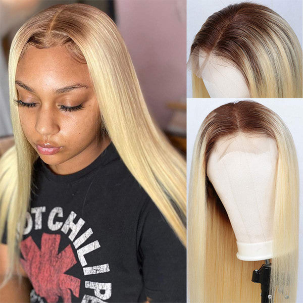 Straight 613 Blonde Human Hair Full Lace Front Wig With Dark Roots