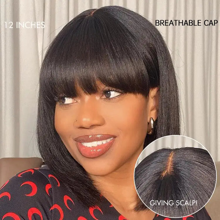 Put On and Go Reddish Purple  Brown Highlight  Natural Black Layered Cut Yaki Straight Minimalist Lace Bob Wig with Bangs