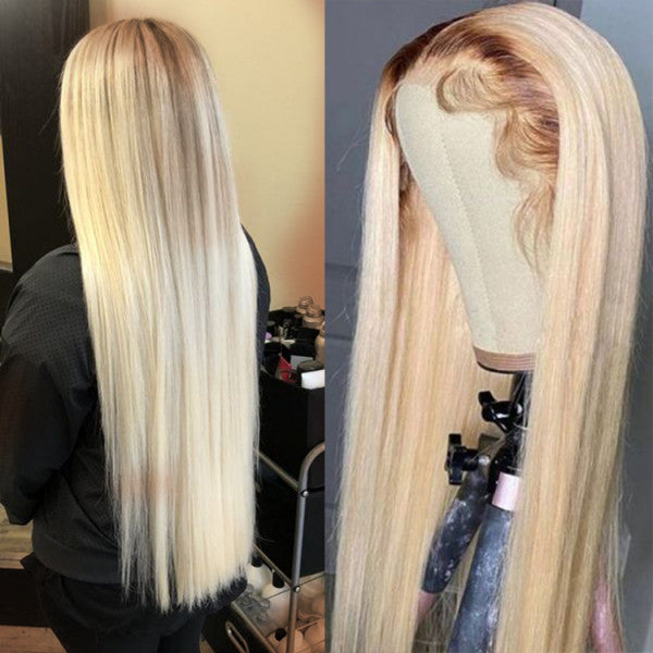 Straight 613 Blonde Human Hair Full Lace Front Wig With Dark Roots