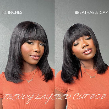 Put On and Go Reddish Purple  Brown Highlight  Natural Black Layered Cut Yaki Straight Minimalist Lace Bob Wig with Bangs