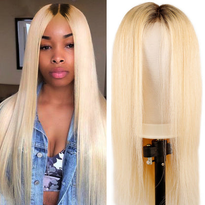 Straight 613 Blonde Human Hair Full Lace Front Wig With Dark Roots