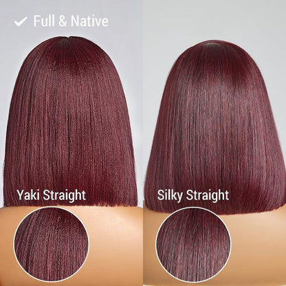 Put On and Go Reddish Purple  Brown Highlight  Natural Black Layered Cut Yaki Straight Minimalist Lace Bob Wig with Bangs